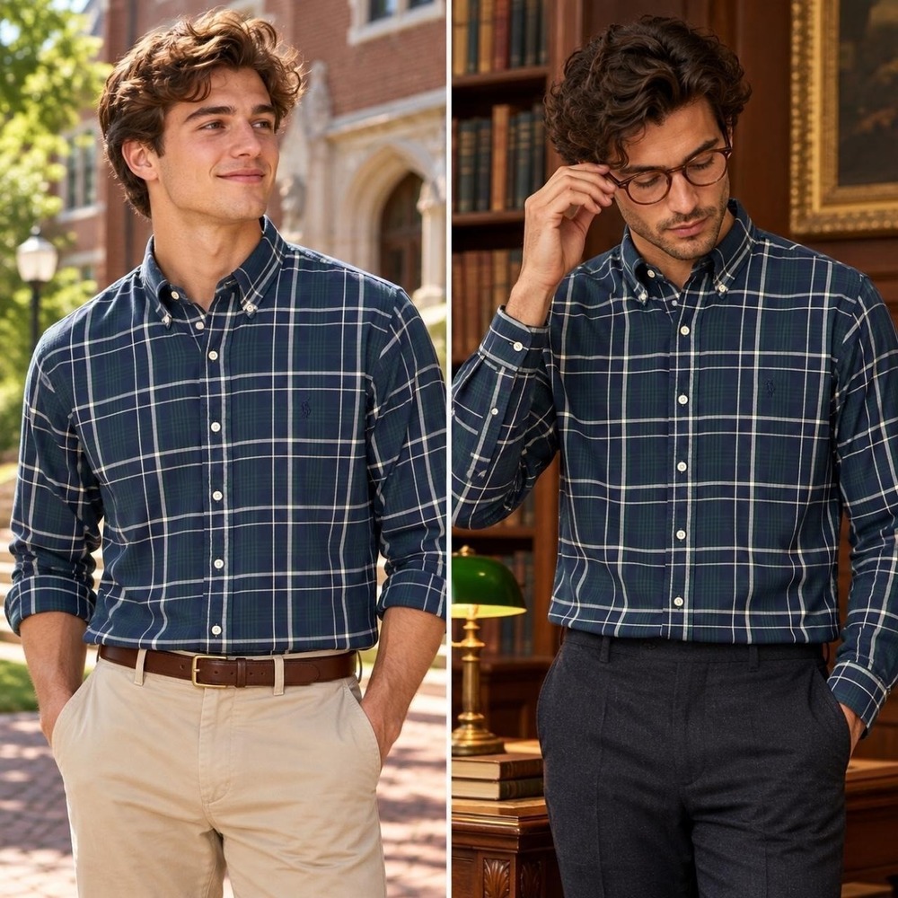 Polo Ralph Lauren Blaire Button Up Shirt Men's L Plaid Navy Green Preppy Office
